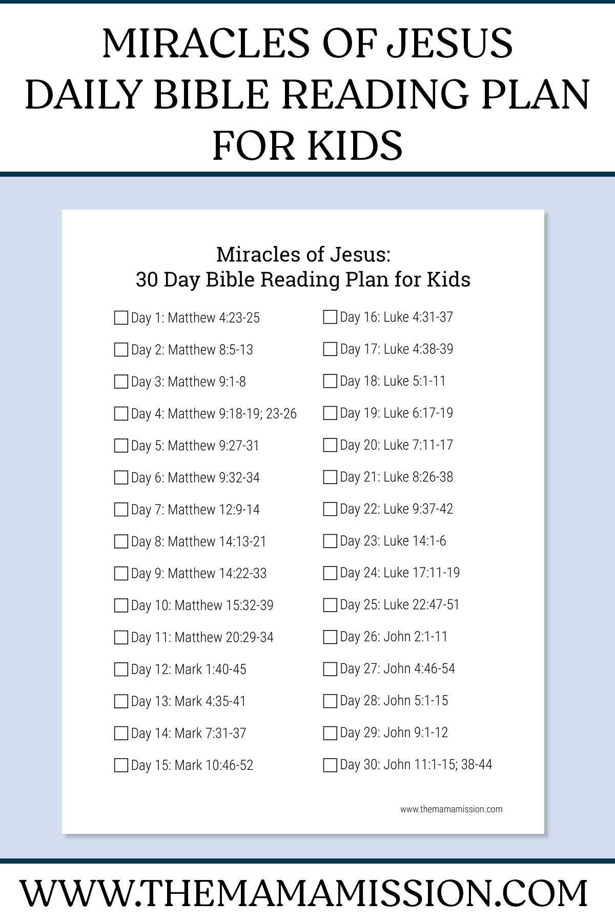 Miracles of Jesus Daily Bible Reading Plan for Kids - The Mama Mission